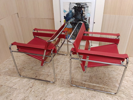 Image 1 of KNOLL Studio Set van 2 WASSILY B3 fauteuils (NIEUW) in rood leer