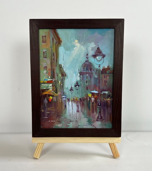 Origineel olieverfschilderij: Zomers stadslandschap. De drukte van het stadsleven.