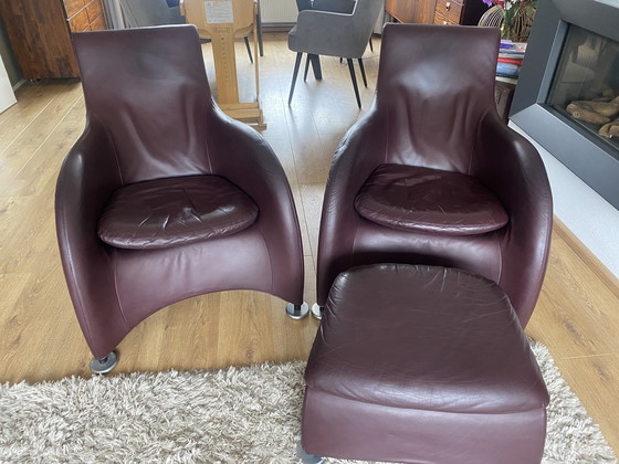 Image 1 of 2 vintage Montis Loge armchairs with aubergine leather backrest