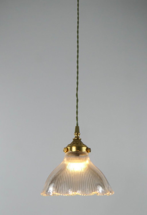 Lámpara colgante francesa vintage Holophane de cristal