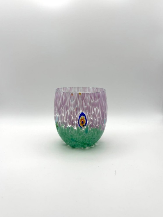 Image 1 of Set van 6 Venetiaanse glazen van geblazen glas met Murano-effect (murrine) in het glas verwerkt, handgemaakt in Italië.