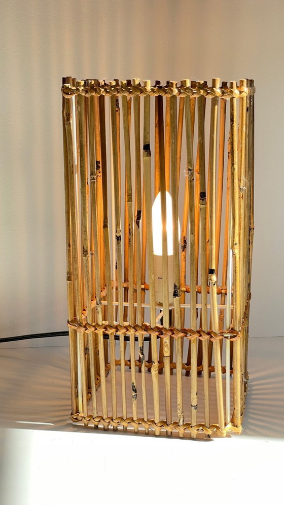 Image 1 of LAMP Cube Wood and Wicker VINTAGE