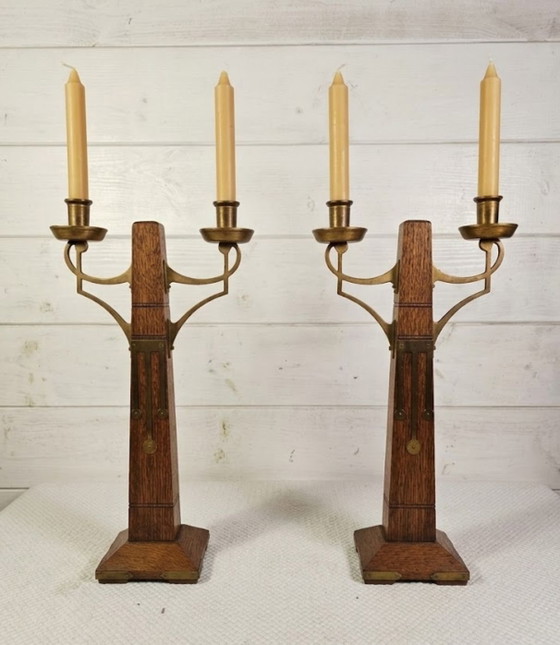 Rare Pair of Art Deco / Amsterdam School Candle holders, Amsterdamse School Kandelaars, Wood, Brass, Brown (photo 6 of 15)