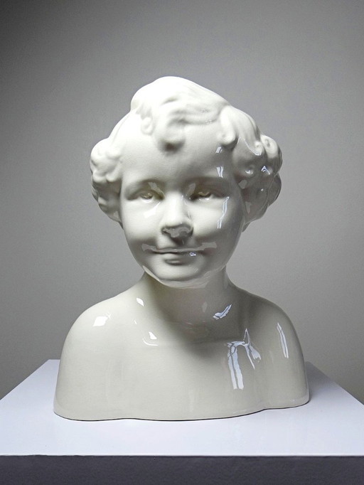 Très rare grand buste en faïence de Sarreguemines Art Déco ancien