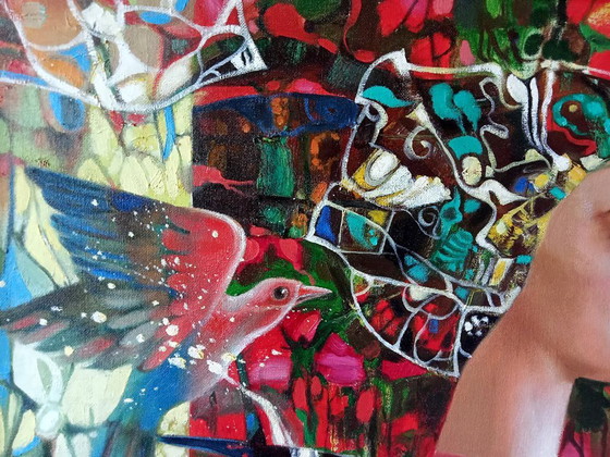 Original Oil Painting Abstract Expressionism Symbolism Girl Strawberry Ice Cream – Paintings & Drawings (photo 7 of 9)