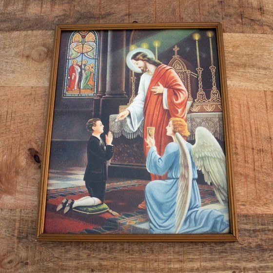 Image 1 of Lámina religiosa conmemorativa antigua enmarcada para la Primera Comunión.