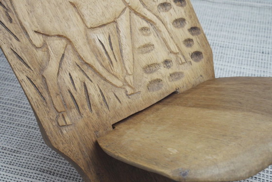 Carved African Hardwood Palaver Chair Low Collapsible Chair Folk Art Deer Carving Vintage Rustic Wooden (photo 6 of 12)