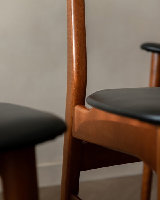 Image 1 of Vintage Danish Dining Chairs, Teak Backrest and Beech Frame, Newly Upholstered Black Skai Seats, 1960s