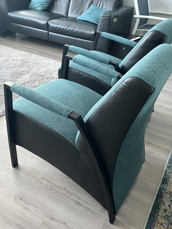 Image 1 of 2 fauteuils Grandola, tissu/cuir Turquoise/Pétrole/Noir