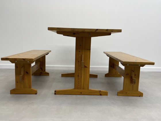 Image 1 of Vintage pine dining table with benches