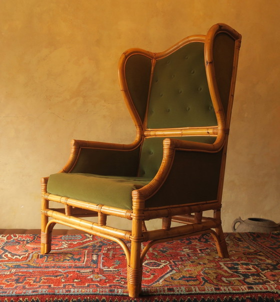 Image 1 of Sillón de orejas de mediados de siglo en bambú y verde oliva, década de 1960