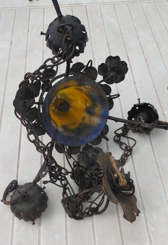 Lámpara de araña Muller Frères, 4 cristalería firmada – Lámparas de araña, Glass, Iron (photo 3 of 5)