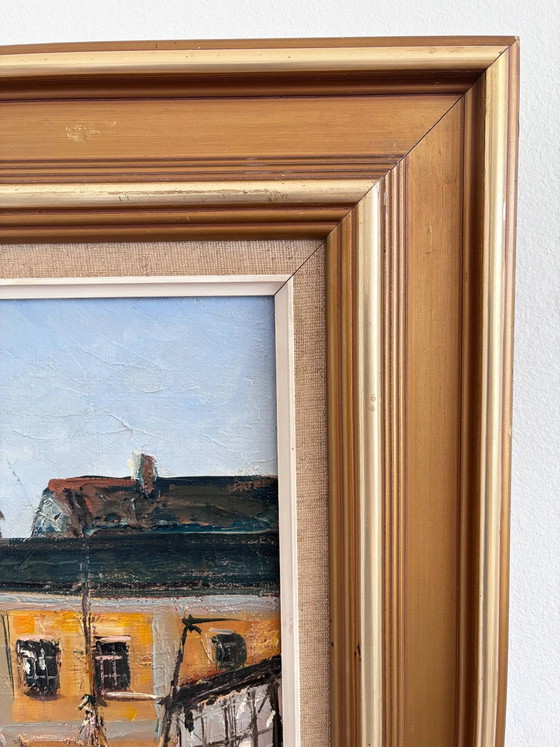 Image 1 of Peinture à l'huile originale d'époque représentant un paysage urbain bordé de canaux, datant des années 1970.