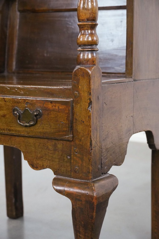 Image 1 of Antique English hooded lambing chair from the 18th century with a hood shape and a drawer
