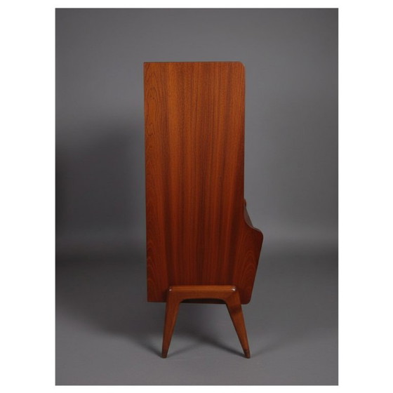 Image 1 of Teak-Highboard aus der Mitte des 20. Jahrhunderts von Oswald Vermaercke – Klappschrank mit originaler grüner Innenausstattung