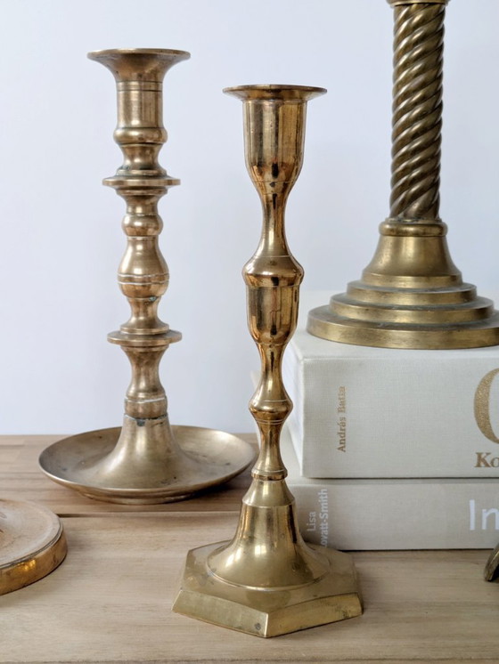 Image 1 of Set of 6 Vintage Brass Candleholders: Mixed-Height and Designs, Holiday Table