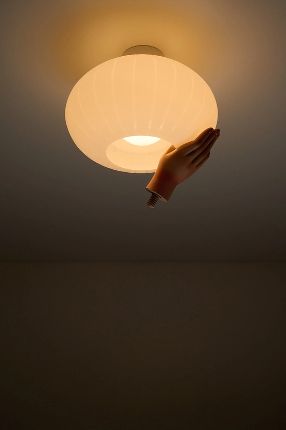 Medium Striped Opaline Glass Flush Mount Ceiling Light, Metal, White (photo 8 of 9)