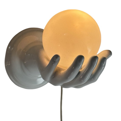 Wall lamp / sconce - Shaped as a hand holding a glass dome - Opaline Glass and Ceramic base - Space age / Pop art