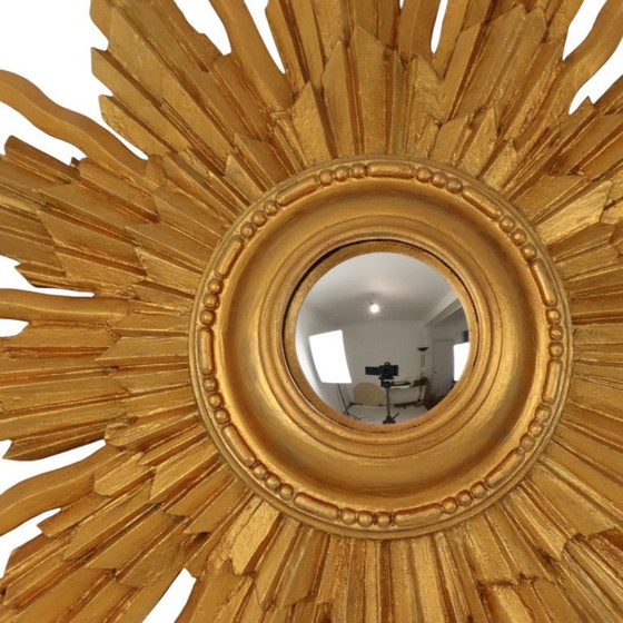 Image 1 of Vintage Houten Zonnespiegel Sunburst Convex Goud 46cm