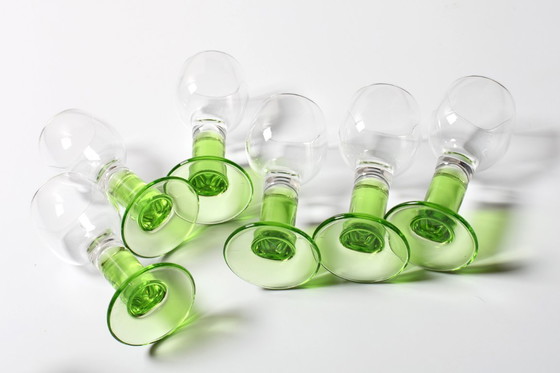 Image 1 of Set of 6 Vintage Limoncino Liqueur Glasses / Green Stem Shot Glasses Bormioli / Italy / 1970s