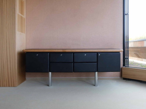 Credenza nera Warren Platner per Knoll in pelle nera e rovere, progettata nel 1973