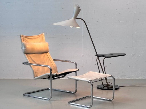 Vintage Heinrich Pfalzberger Freischwinger-Sessel mit Ottoman, Schweiz – fauteuils, Leather