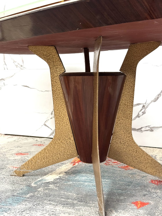 Image 1 of TABLE DE SALLE À MANGER DES ANNÉES 1950 EN PALISSANDRE, VERRE MARBRÉ ET LAITON