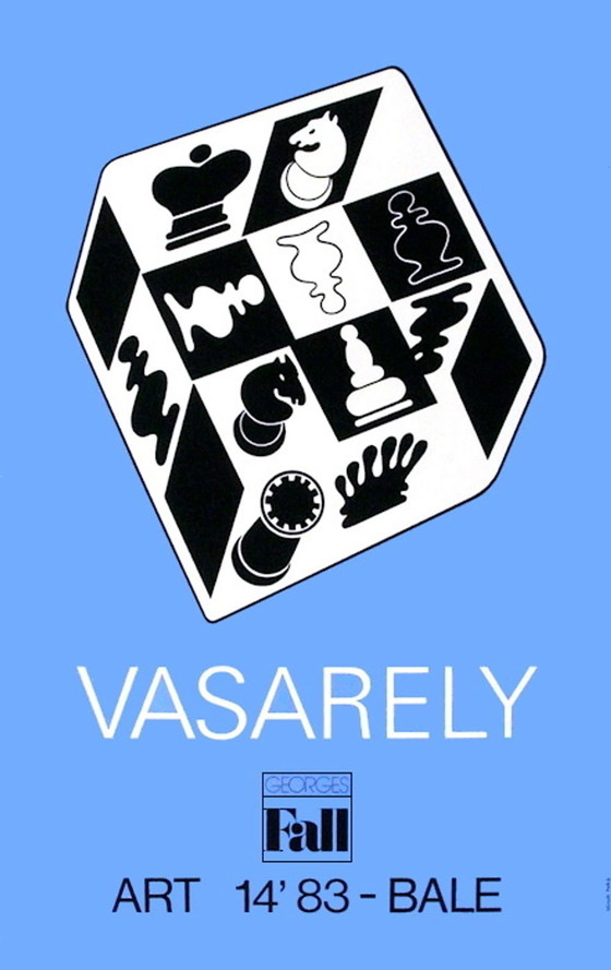 Image 1 of Victor VASARELY Expo 83 - Art Basel - Affiche originale Echecs fond bleu 1983