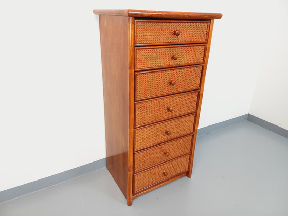 Image 1 of Commode Chiffonnier Semainier Vintage en Rotin, Bois et Cannage des Années 70