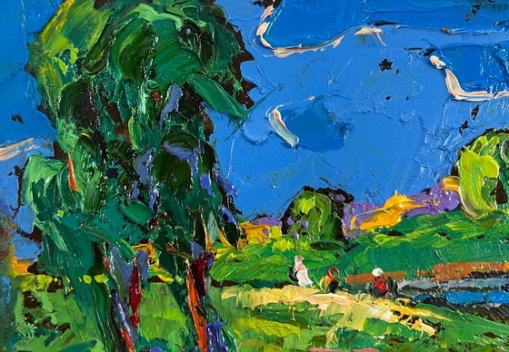Image 1 of Original Oil Painting Summer Field Landscape Sky through green branches