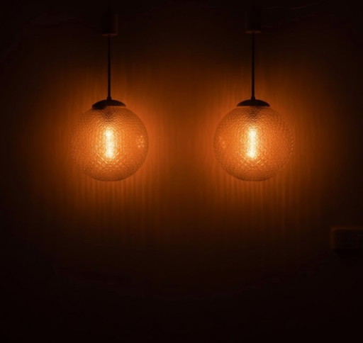 Set of 2 identical glass Mid-Century pendant lamps, Poland 1960s