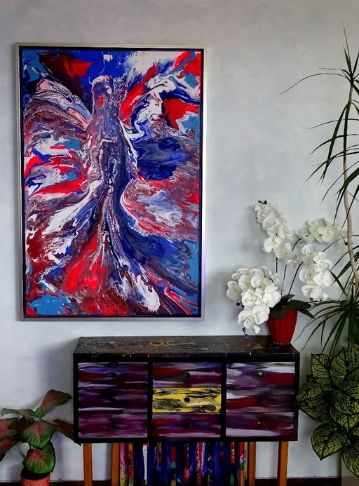 Pittura astratta in rosso, bianco e blu