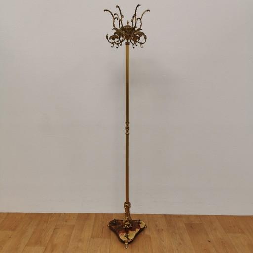 Brass Rococo Standing Coat Stand Hollywood Regency Hall Tree On Marble Base