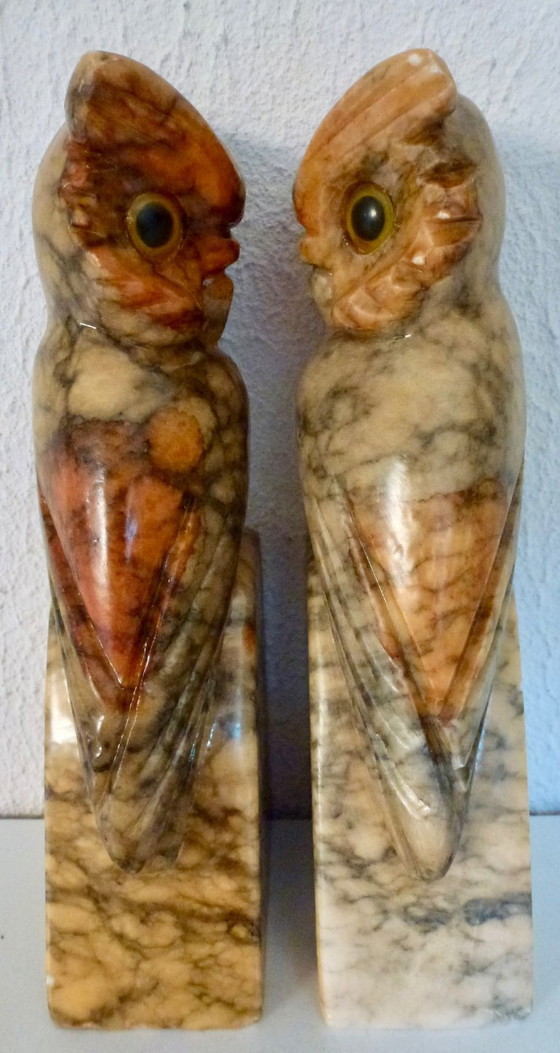 Image 1 of Art Deco Bookends Alabaster Owls, Italy.