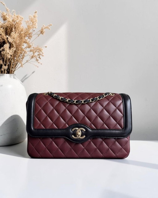 Chanel Chanel Seasonal Two-tone Flap Medium - Quilted Lambskin Dark Burgundy Red Black Gold Hardware Series 21