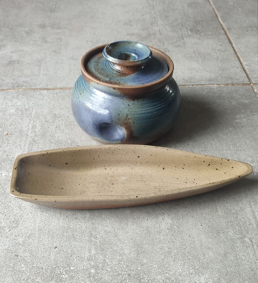 Vintage geglazuurd aardewerk servies, gesigneerd Béceleuf