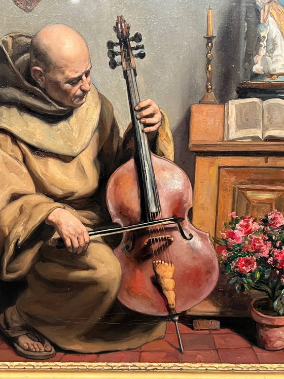 Painting signed “Monk playing the cello”. – Paintings & Drawings, Canvas (photo 5 of 7)