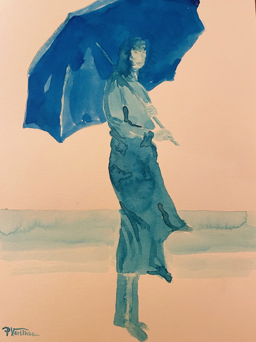 Signed painting blue watercolor female portrait "weekend in Honfleur".