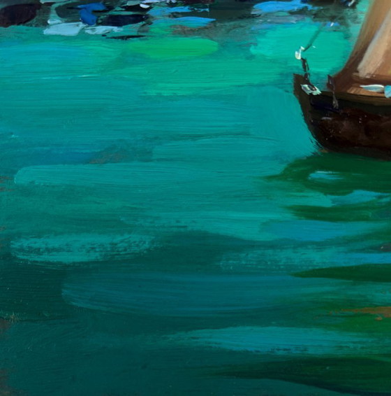 Image 1 of Original Oil Painting Gloomy City Landscape Fishermen greet the dawn at sea