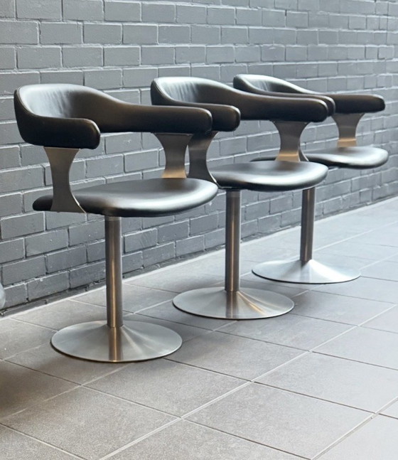 Image 1 of Set of 4 Vintage Space Age Swivel Chairs in Black and Brushed Stainless Steel