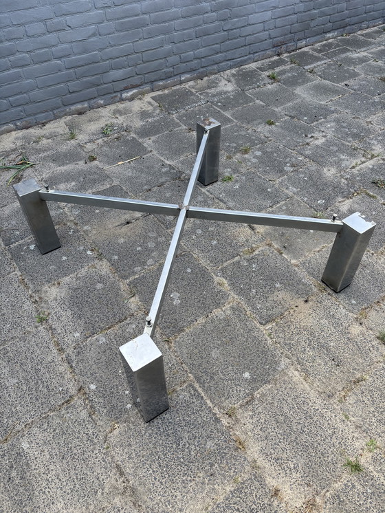 Image 1 of Vintage Brutalist Leistenen Salontafel met Chroom Onderstel – 80x80 cm