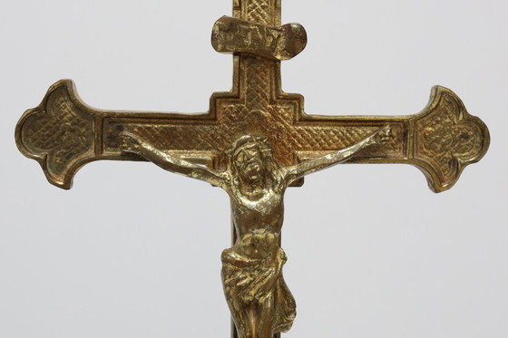 Image 1 of French Antique Catholic Alter or table Crucifix in cast copper, 1900s