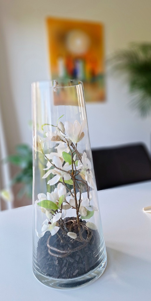 Glass Vase with Silk Orchid and Candle Holder