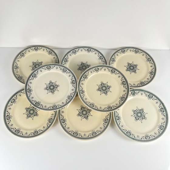 Image 1 of Set van 8 "Admiral" dessertborden van ijzersteen, Creil & Montereau, groenblauw, eind 19e eeuw