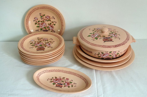 Art Deco Steingutservice mit Peking Emaille, Longwy Muster, 1930er, 14er Set