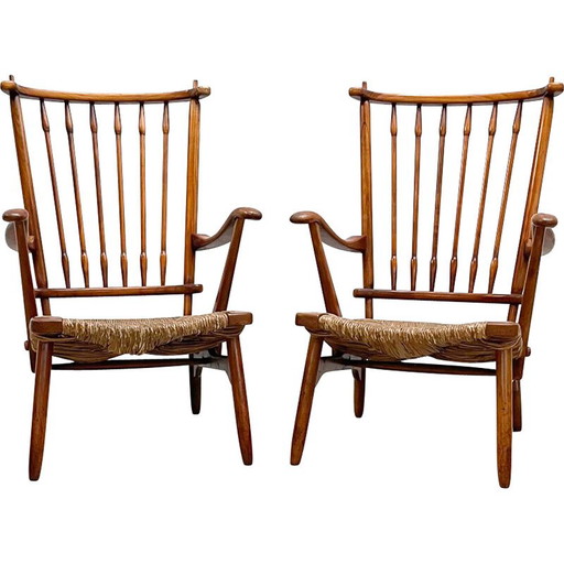 Coppia di poltrone scandinave di metà secolo in legno e paglia, anni '60