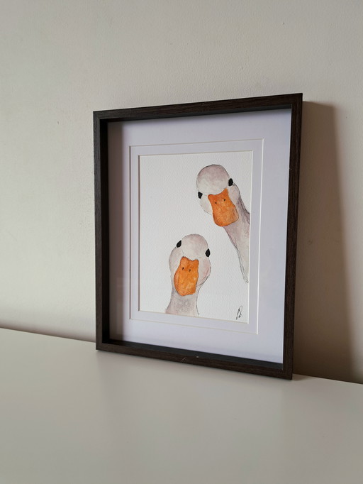 Aquarelle représentant deux oies | Encadrée