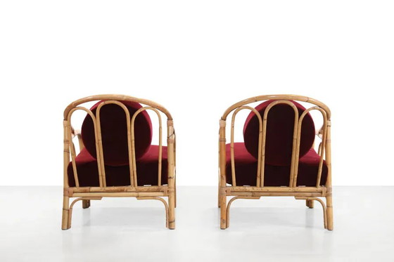 Set di 2 poltrone in bambù e rattan con rivestimento in mohair color rosso bordeaux. – Sedie da giardino (photo 4 of 7)