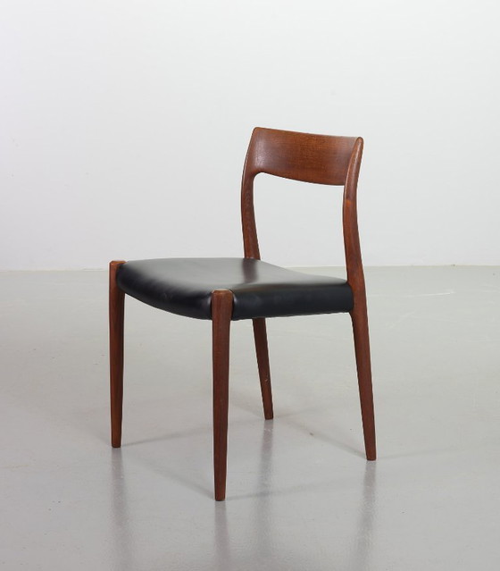 Image 1 of Mid-Century Scandinavian Niels Otto Moller Teak Wooden Dining Chairs with Black Leather Upholstery, Model 77. Set of 4.