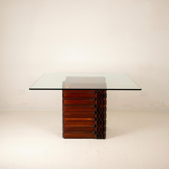 Table "Diamante" en padouk africain de style brutaliste par Luciano Frigerio avec plateau en verre, 1970 (photo 17 of 26)